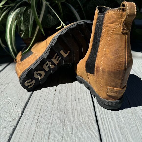 Sorel Wedge Waterproof Boots Leather Camel Pull On With Elastic Sides Winter S.8